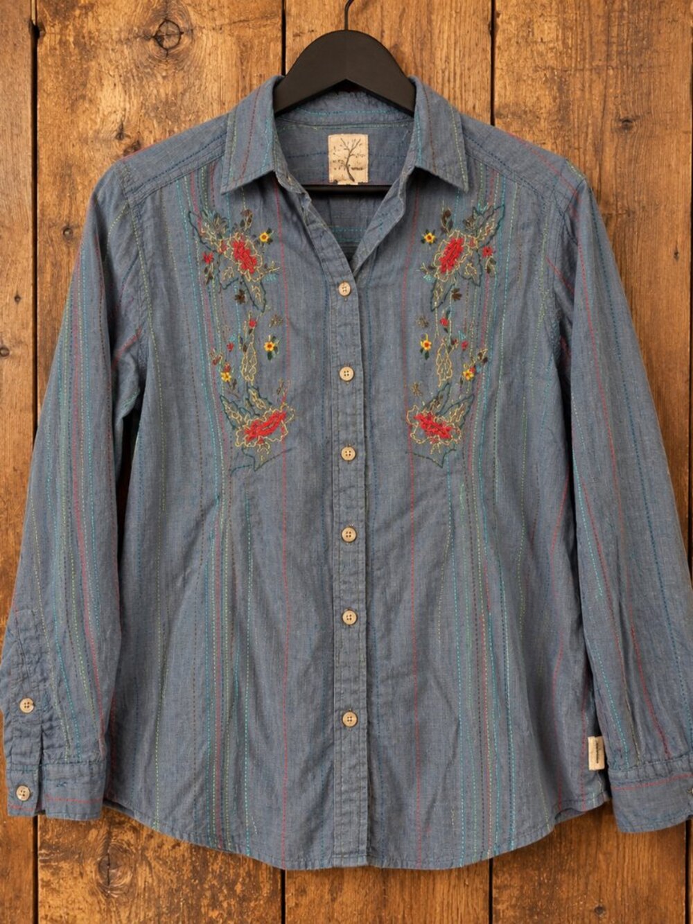 Gramicci XL Embroidered Floral Striped Button-Up Shirt